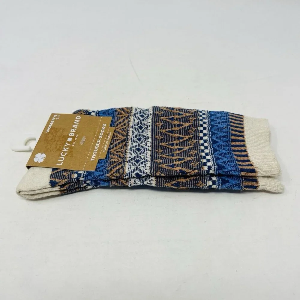 Lucky Brand Womens Size 9-11 Jacquard Pyramid Hi Crew Trouser‎ Socks Ivory/Blue